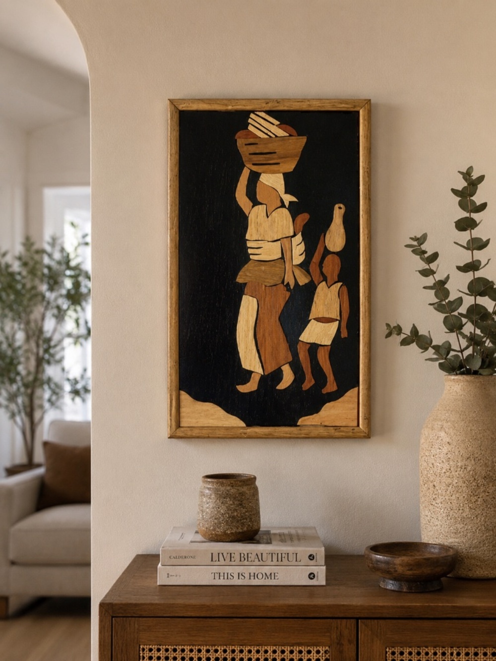 Vintage Folk Art Hand Carved Wood Plaque Painting Jamaica 14x26 Collage